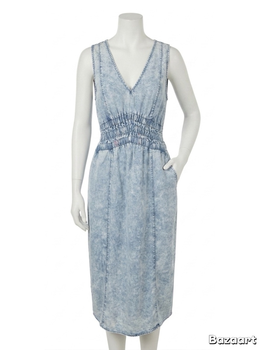 Central Park West Pale Blue V-Neck Smocked-Waist Midi Dress - Picture 2 of 8